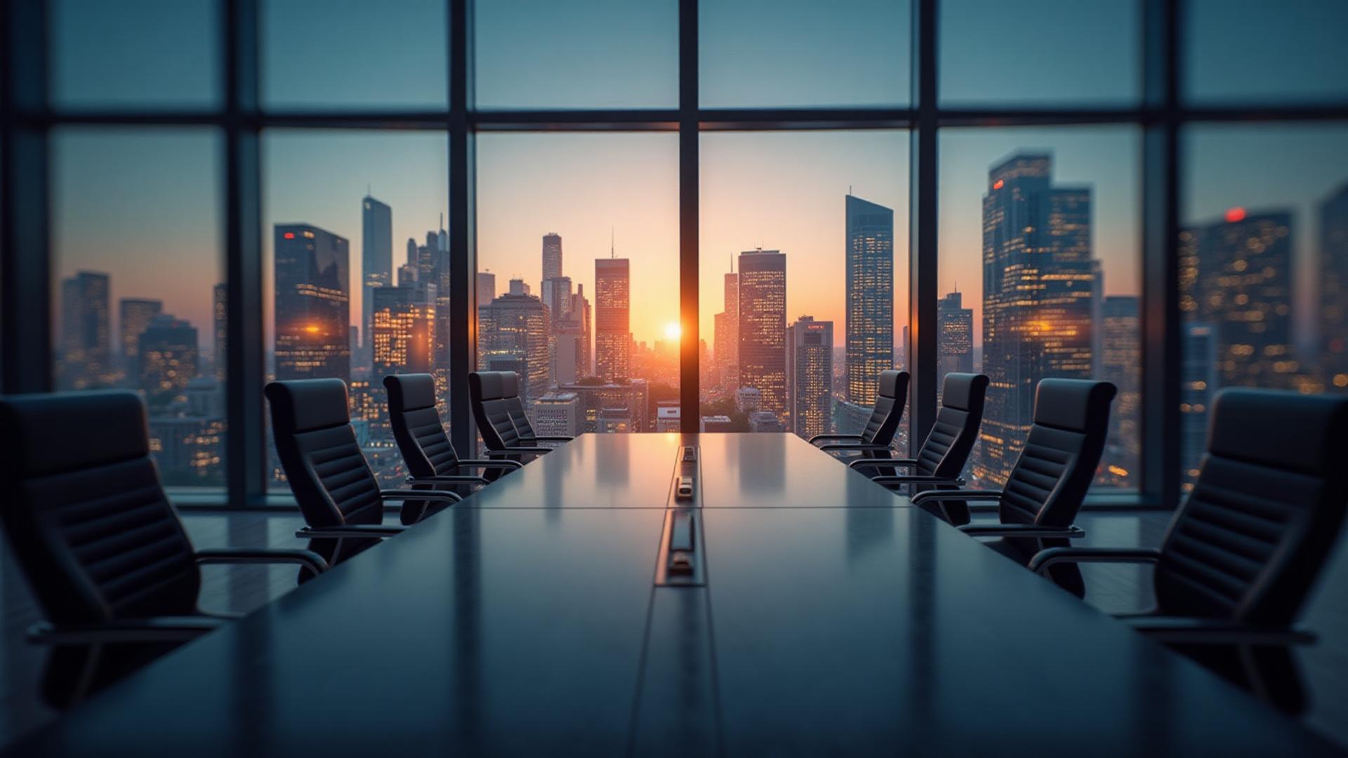 Executive boardroom overlooking city skyline